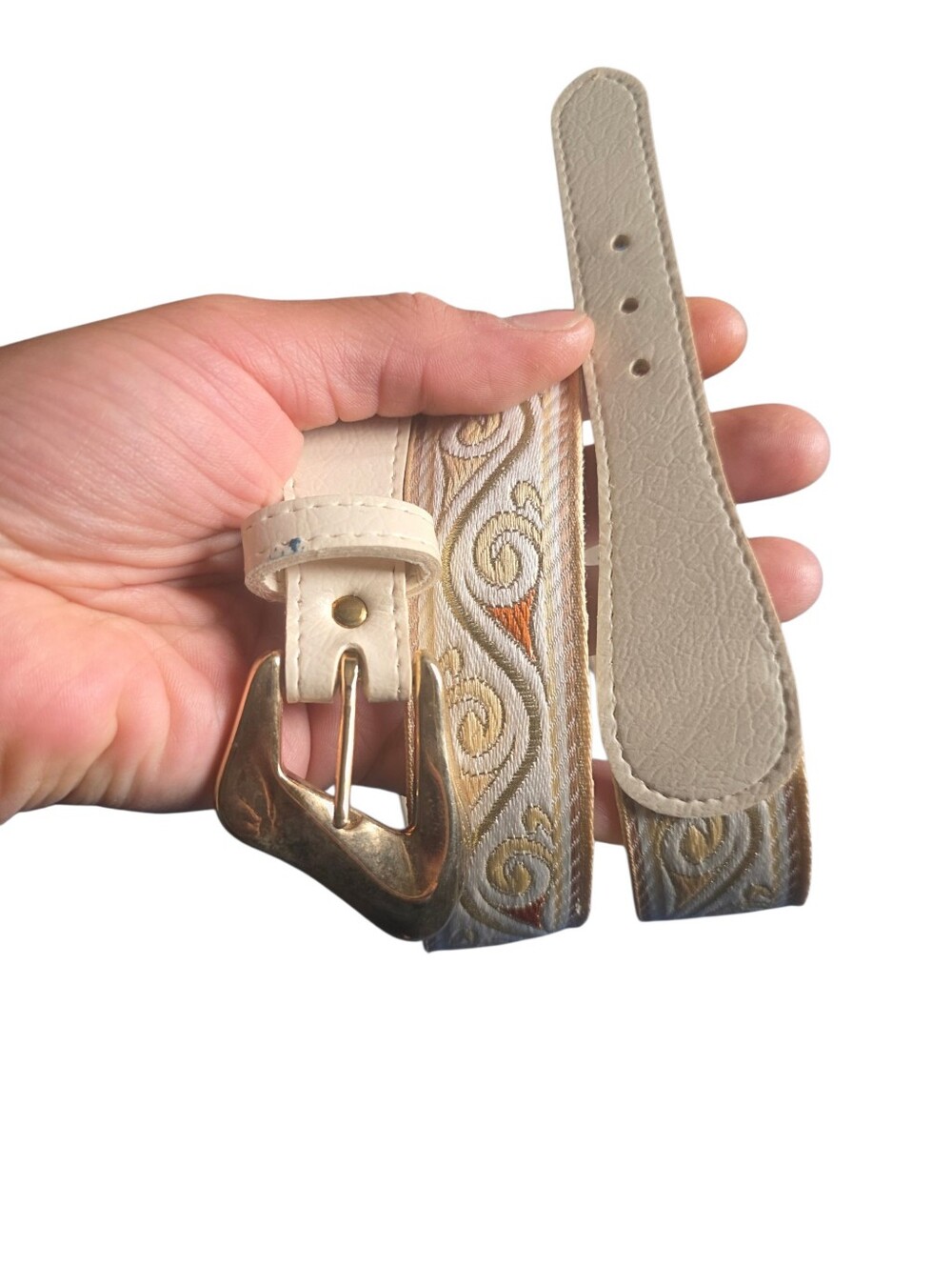 Vintage Tapestry Belt | Cream & Gold Scroll Pattern | Statement Wais